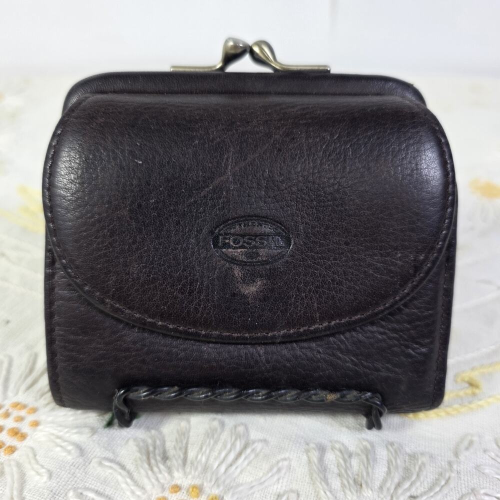 Fossil Genuine Leather Dark Brown Kiss Lock Wallet with Coin Pocket Bifold